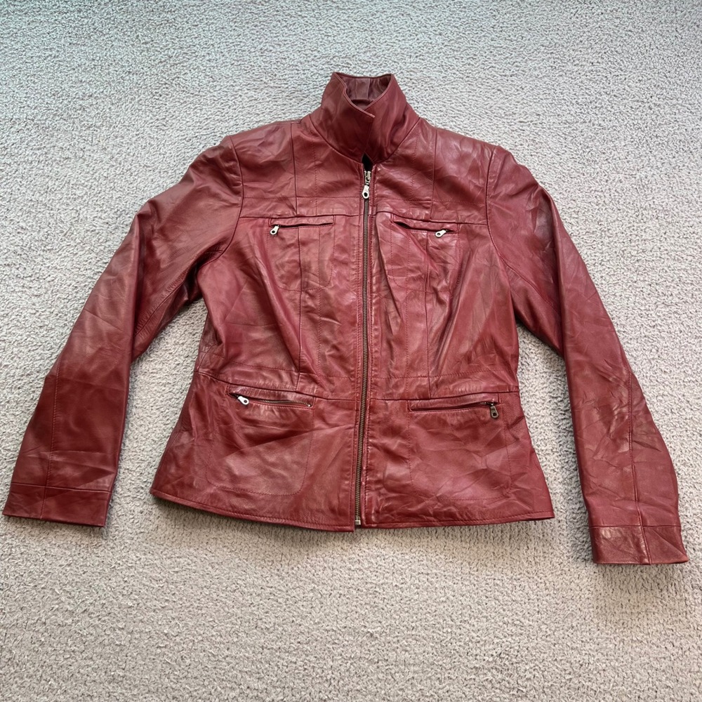 Alfani Women Burgundy Red Leather Zip Up Stand Collar Jacket Small 2543